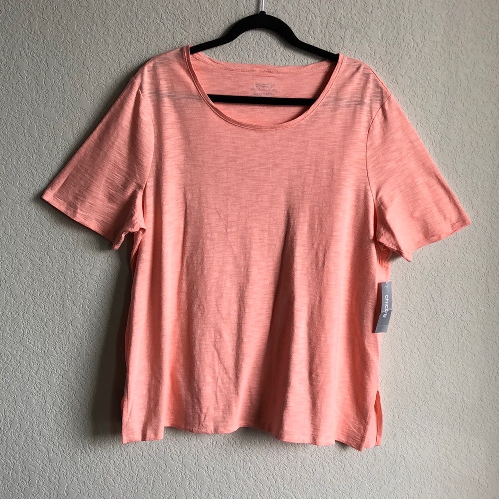 NWT Chicos Cotton Slub Button Back Short Sleeve Tee Coral Pink Shell